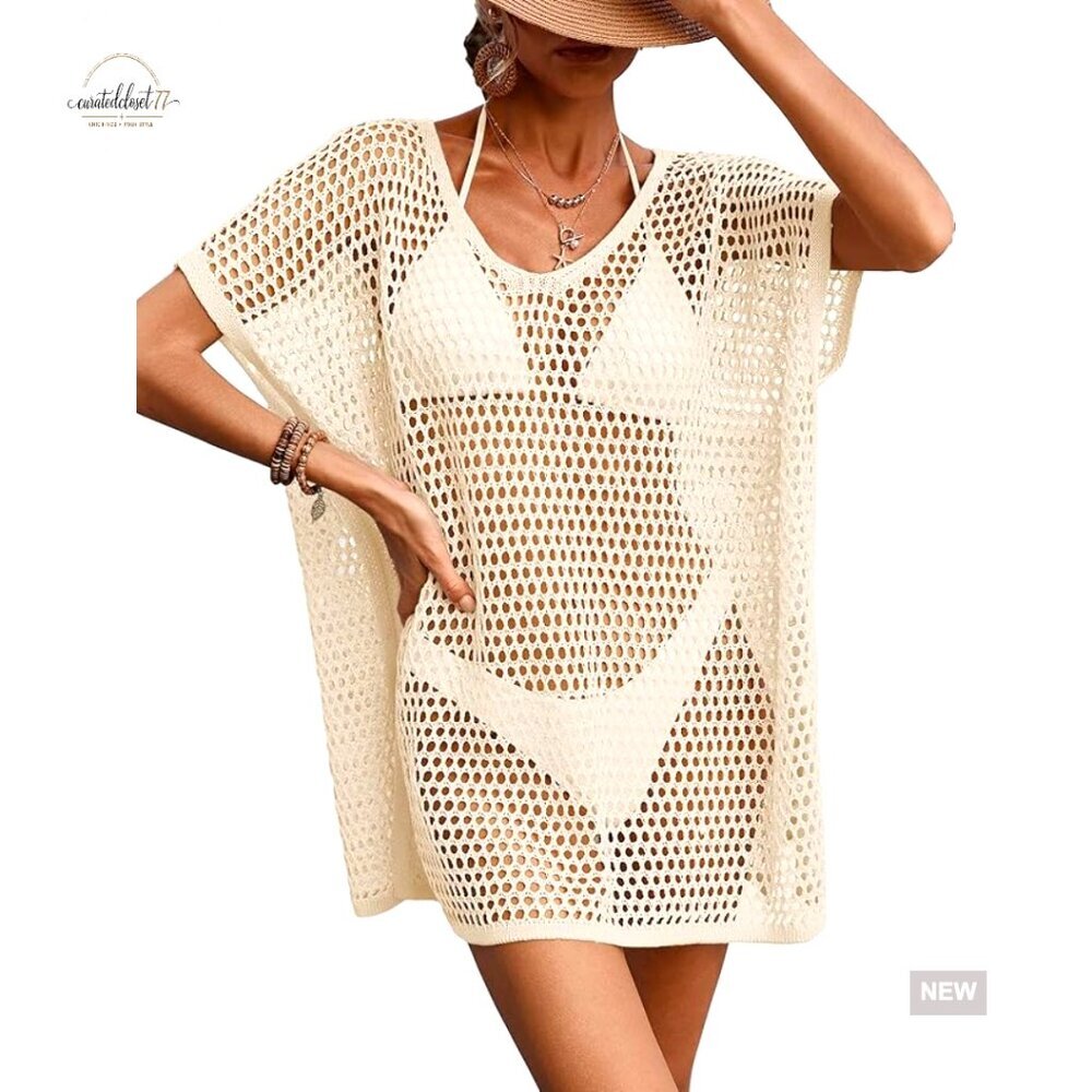 Oversized Crochet Mesh Swimsuit Cover Up Mini Dress Cap Sleeve